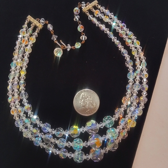 Triple Strand Necklace Aurora Borealis Vintage Crystal Graduated Beads 14-15.5" - Picture 4 of 6